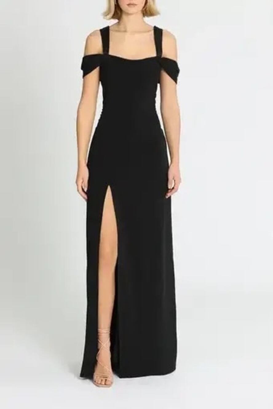 Halston Heritage Cold Shoulder Fitted Crepe Gown Thigh High Slit in Black Size 6